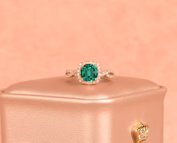 14k Emerald Round 7mm Ring | Green Emerald Halo Rings | Twisted Band Engagement Ring | Handmade Fine Jewelry | Anniversary Birthday Gift