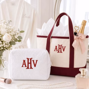 Embroidered Monogrammed Initials Waffle and Canvas Tote Bag - Bride and Bridesmaid Women Bag - Wedding Cosmetic Bag - Bridal Party Gift