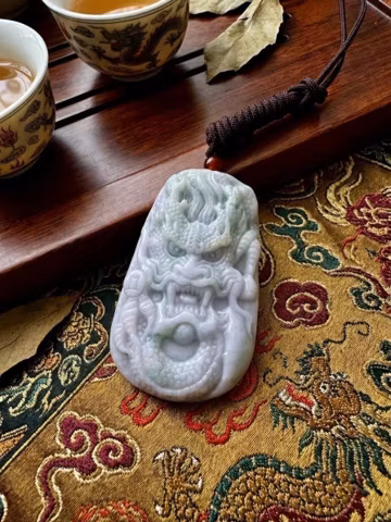 Natural Type A Burma Blue-Grey Jade Dragon Pendant | Nuo-Species Carved Jadeite Charm | Feng Shui Wealth Amulet | Supreme Power Charm