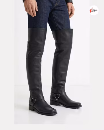 Black Thigh High Leather Boots | Over Knee Riding Boots | Handmade Tall Biker Boot Men