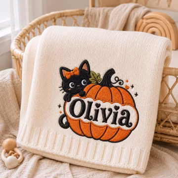 Personalized Halloween Baby Blanket, Black Cat Pumpkin Name Blanket, Custom Knit Nursery Decor, Spooky Cute Newborn Baby Shower Gift