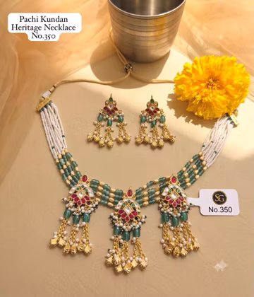 Handmade Kundan Necklace Set, Green Beaded Bridal Jewelry, Statement Necklace