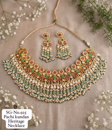 Handmade Kundan Necklace Set, Green Beaded Bridal Jewelry, Statement Necklace