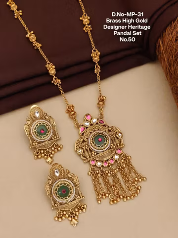 Luxury Brass Necklace Set, Long Temple Mala, Heritage Indian Jewelry for Women