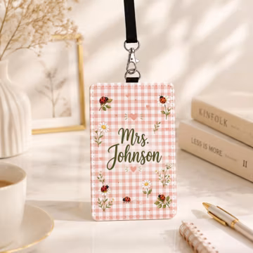 Personalized Ladybug Teacher Badge Holder, Pink Gingham ID Card Holder, Custom Name Badge, Daisy Classroom Teacher Gift