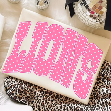 Lions PNG: Pink Polka Dot Lions Mascot Design, School Spirit Game Day Sublimation (Digital Download)
