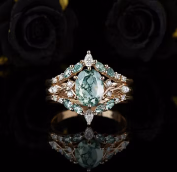 Oval Cut Moss Agate Engagement Ring Set, Rose Gold Enhancer Wedding Band