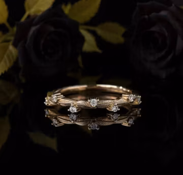 Nature Inspired Leaf Moissanite Wedding Band, Rose Gold Stacking Ring For Women
