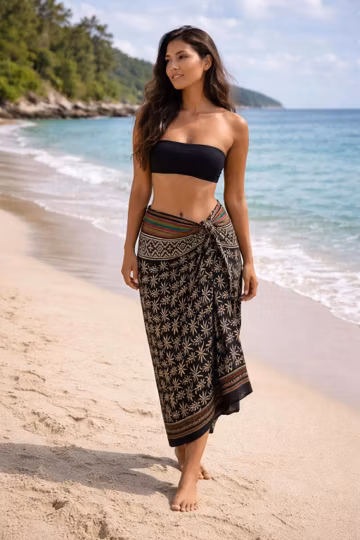 Black Hand Block Print Sarong, Cotton Pareo Wrap Skirt, Indian Bagru Print Beach Cover Up, Boho Swimwear Wrap, Summer Beachwear Cotton Pareo