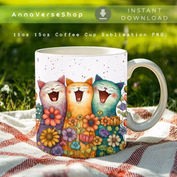 Funny Cat Mug PNG, Cat Lover Mug Wrap, Colorful Cats 15oz & 11oz Mug Sublimation Design, Cute Coffee Cup Print, Instant Download