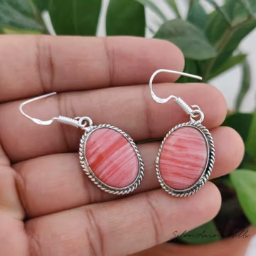 Natural Rhodochrosite Dangle Earrings, 925 Sterling Silver Oval Drop Earring, Vintage Pink Stone Earrings, Handmade Boho Gemstone Jewelry