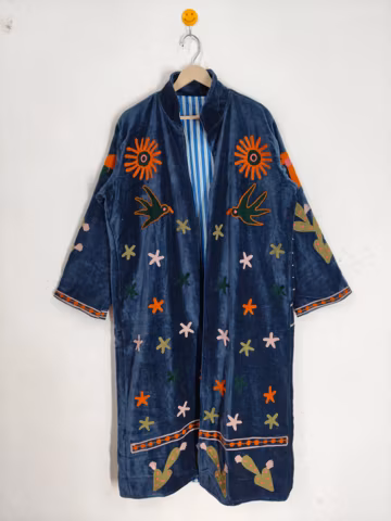 Suzani Velvet Duster Coat, Long Floral Embroidered Cotton Jacket, Boho Winter Coat
