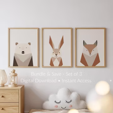Geometric Woodland Print, Scandinavian Forest Nursery Decor - Bear, Rabbit and Fox (Digital Download)