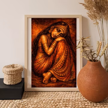 Melancholic Indian Woman Illustration Matte Vertical Poster | Ethnic Art, Warm Tones