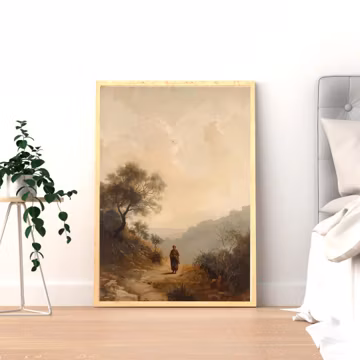 Solitary Walker Landscape Matte Vertical Poster | Vintage Mountain Path