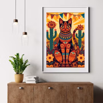 Mexican Cat Art Poster Matte Vertical Posters | Folk Art Cat Print, Cat Lovers