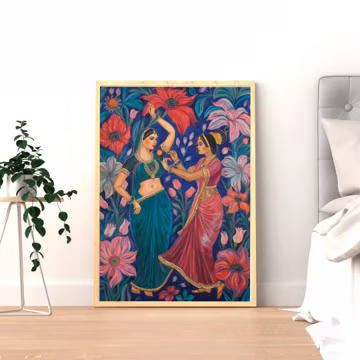 Rajasthani Dancing Women Matte Vertical Poster | Indian Folk Art, Floral Background