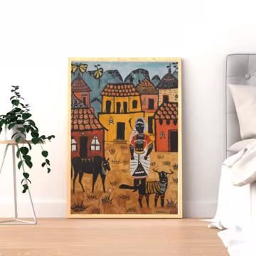 Tribal Village Woman and Goat Matte Vertical Poster | Folk Art Village Scene, Indian Warli Art Print