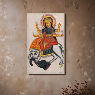 Vertical Poster, Hindu Goddess Durga Slays a Demon, Matte Wall Art Print, Indian Deity Art, Religious Home Decor