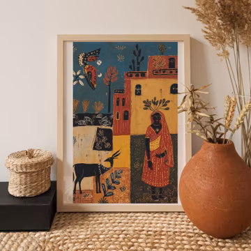 African Folk Art Woman and Antelope Matte Vertical Posters | Ethnic Landscape Print