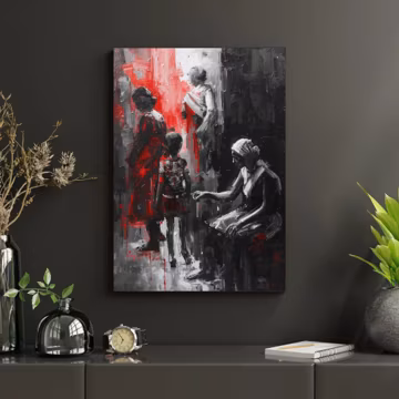 Monochrome Street Scene Matte Vertical Poster | Figurative Art, Red Accent