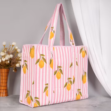 Printed Cotton Quilted Cotton Tote Bag, Large Hand-Printed Travel Shopping Bags, screen printing design