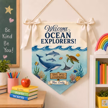 Personalized Classroom Pennant Banner, Ocean Theme Teacher Door Decor