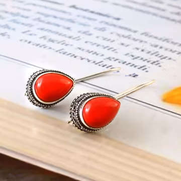 Red Coral Sterling Silver Dangle Earrings: Minimalist Pear Drop