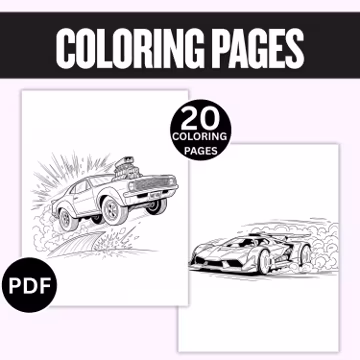 Car Coloring Pages, Racing Muscle Car Line Art (PDF Pattern)