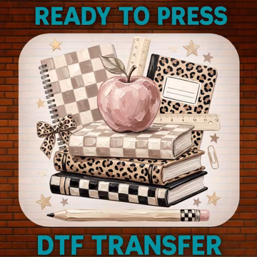 Coquette Teacher Books DTF Transfer Ready to Press, Leopard Checkered Apple School Supplies Heat Transfer for Shirts
