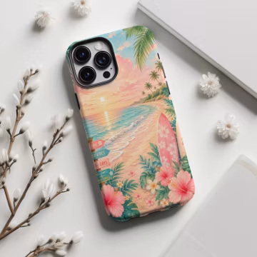 Tropical Sunset Beach Floral Phone Case,Summer Flower Watercolor Vacation ,For iphone 17 16 15 14 13 12 11 Pro Max,Samsung S26 S25,Magsafe