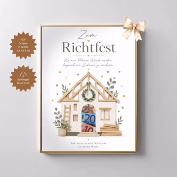 Geldgeschenk zum Richtfest Einzug PDF Vorlage Umzug neues Zu Hause DIY Geschenk Hausbau Richtfest Last-Minute Einweihungsfeier A4 A3 PDF