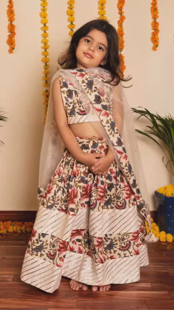 Girls' Floral Lehanga Choli Set, Diwali Festivewear Kids Lehanga, Block print Cotton Lehanga, Traditional Wedding Wear Kids Outfit