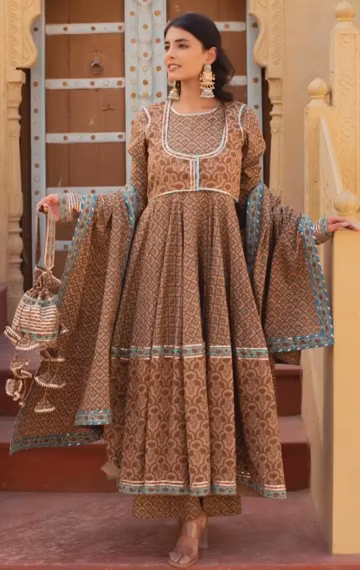 Hand Block Cotton Anarkali Suit Set, Indian Dress with Dupatta, Festive Outfit, Boho Anniversary Gift For Her