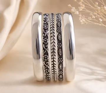 925 Sterling Silver Bangle Set, Handmade Oxidized Bangles, Floral & Leaf Pattern Bracelets, Boho Indian Jewelry