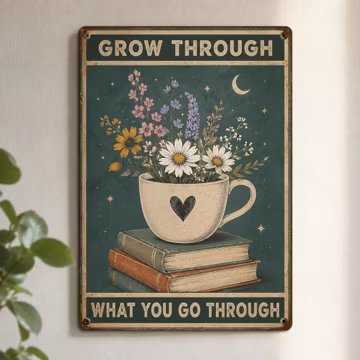 Grow Through What You Go Through Metal Sign, Motivational Sign Cottagecore Office Decor, Inspirational Gift