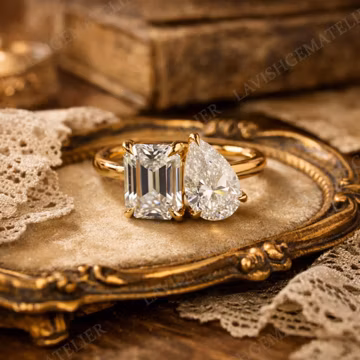 3 Ct Moissanite Ring, 14K White Gold Double Stone Wedding Ring, Pear and Emerald Moissanite Two Stone Engagement Ring, Toi et Moi Ring Gifts