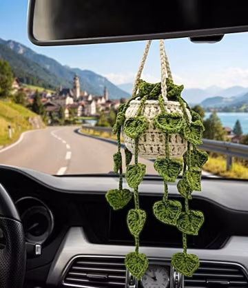 Handmade Crochet Hanging Plant Car Charm, Cute Hanging Plant Ornament, Rear View Mirror Decor, Boho Car Accessory, Gift for Plant Lovers