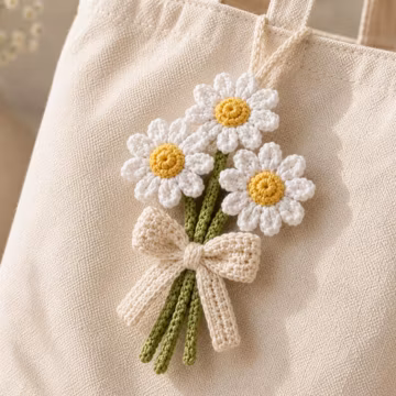 Crochet Daisy Bouquet Bag Charm Pattern Amigurumi Floral Keychain Accessory DIY Purse Pendant English US Terms