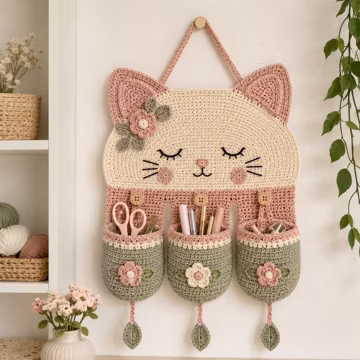 Sleepy Cat Wall Organizer Crochet Pattern, 3 Pocket Nursery Hanger PDF, Floral Storage Decor