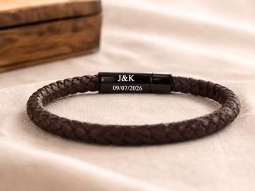 Personalized Woven Leather Bracelet, Engraved Stainless Steel Clasp, Men's Accessory