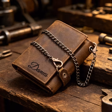 Personalized Leather Wallet with Anti-Theft Chain, Handmade Trifold Wallet with Key Holder, Gift for Him, Dad, Husband