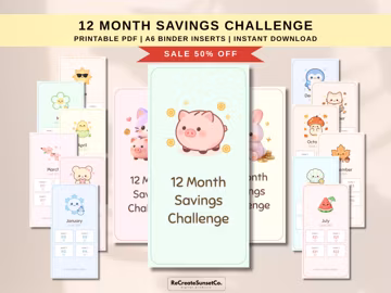 12 Month Savings Challenge 2027 A6 Savings Inserts Cash Stuffing Binder Monthly Cash Tracker Kawaii Savings Printable PDF Bundle