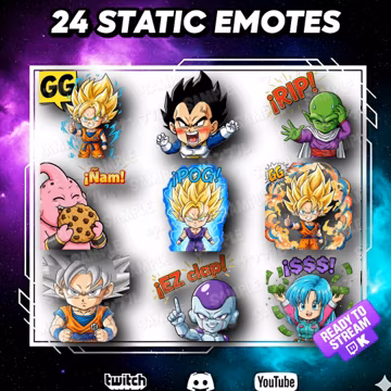 Megapack 24 Emotes y Badges de Dragon BZ | Iconos para Puntos de Canal en Twitch, Discord, Kick, YouTube