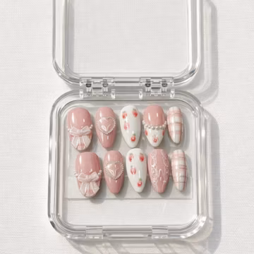 Pink Bow Strawberry Pearl Girly Nail Set - Strawberry Bow French Press On Nails