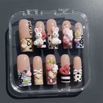 Kawaii Bunny Press On Nails, 3D Rabbit Music Nails, Coquette Sweetheart Fake Nails, Pink Black and White Y2K Reusable Nails, Angel Press ons