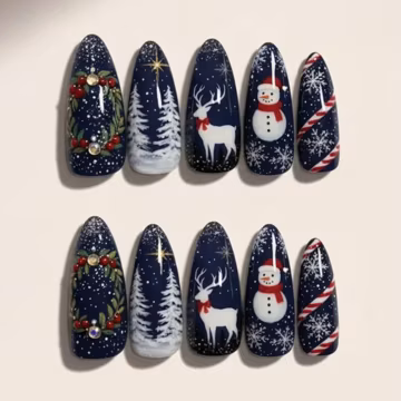 Hand Painted Christmas Press On Nails | Snowflake, Reindeer & Snowman Nail Art | Navy Winter Holiday False Nails Set