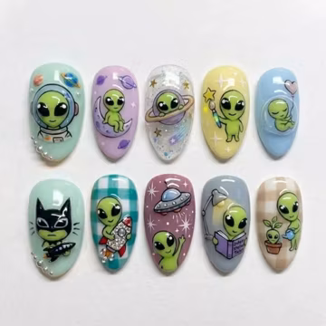 Handmade Alien Space Press On Nails | Kawaii UFO Galaxy Nail Art | Cartoon Green Alien Glue On Nails | Pastel Cosmic Custom Nail Set