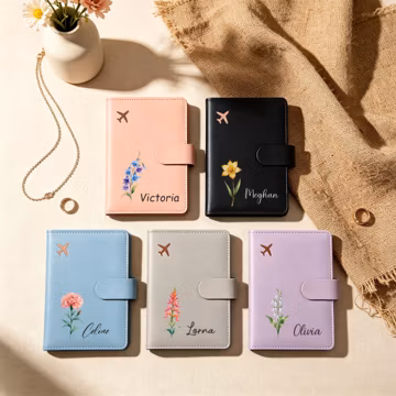 Personalized Birthflower Passport Cover, Custom Travel Passport Holder, Bridesmaid Gift, Travel Lover Gift, Vegan Leather Passport Wallet