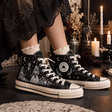 Personalized Skeleton Wedding Embroidered Converse High Top Shoes, Gothic Bridal Sneakers, Custom Bride Wedding Shoes, Gothic Wedding Gift